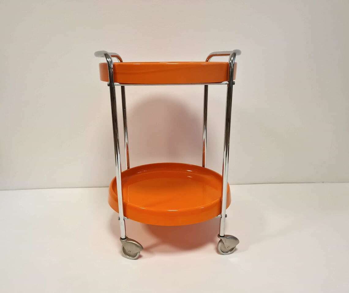 Vintage Rare Space Age Trolley Table With 2 Plastic Trays. Modern Chrom Bar Table On Wheels photo furniture