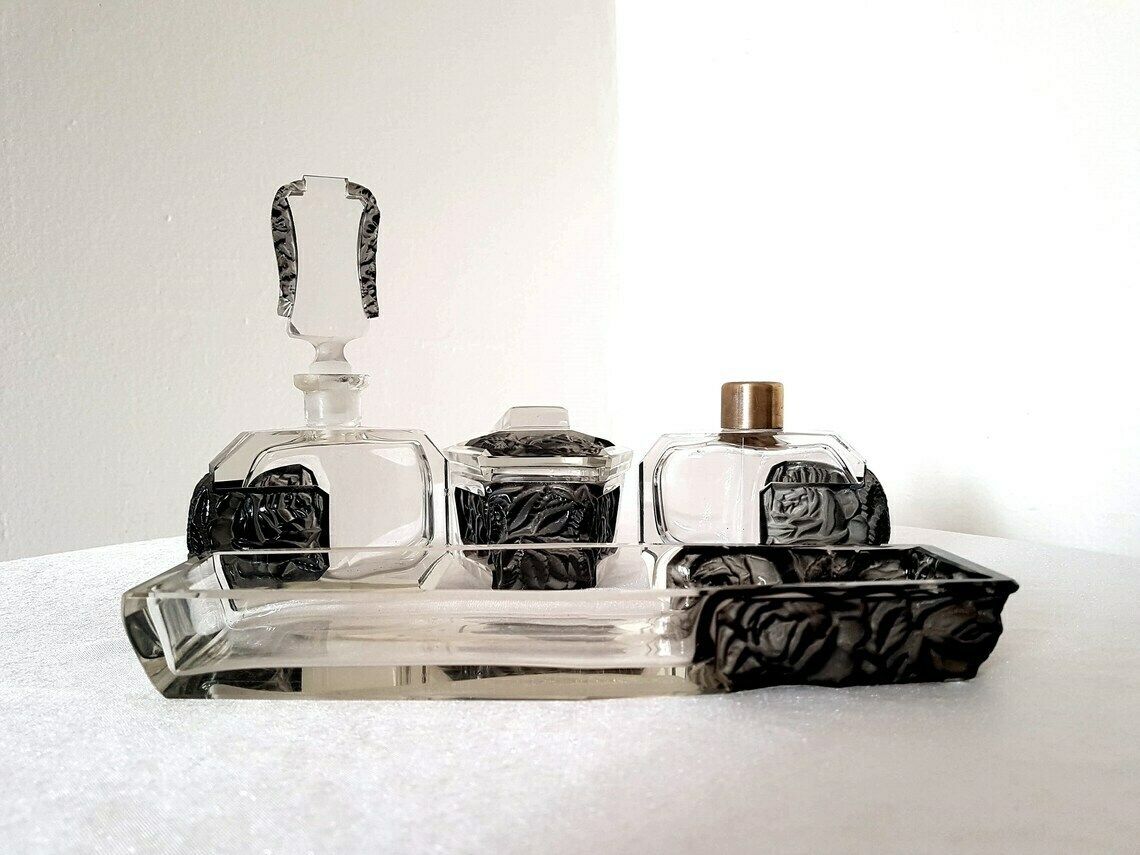 Collectible Bohemian Czech Art Deco Robert Richter Glass Vanity Set 4 Pieces Jablonec Nad Nissou (Gablonz) Ca. 1930 photo for sale