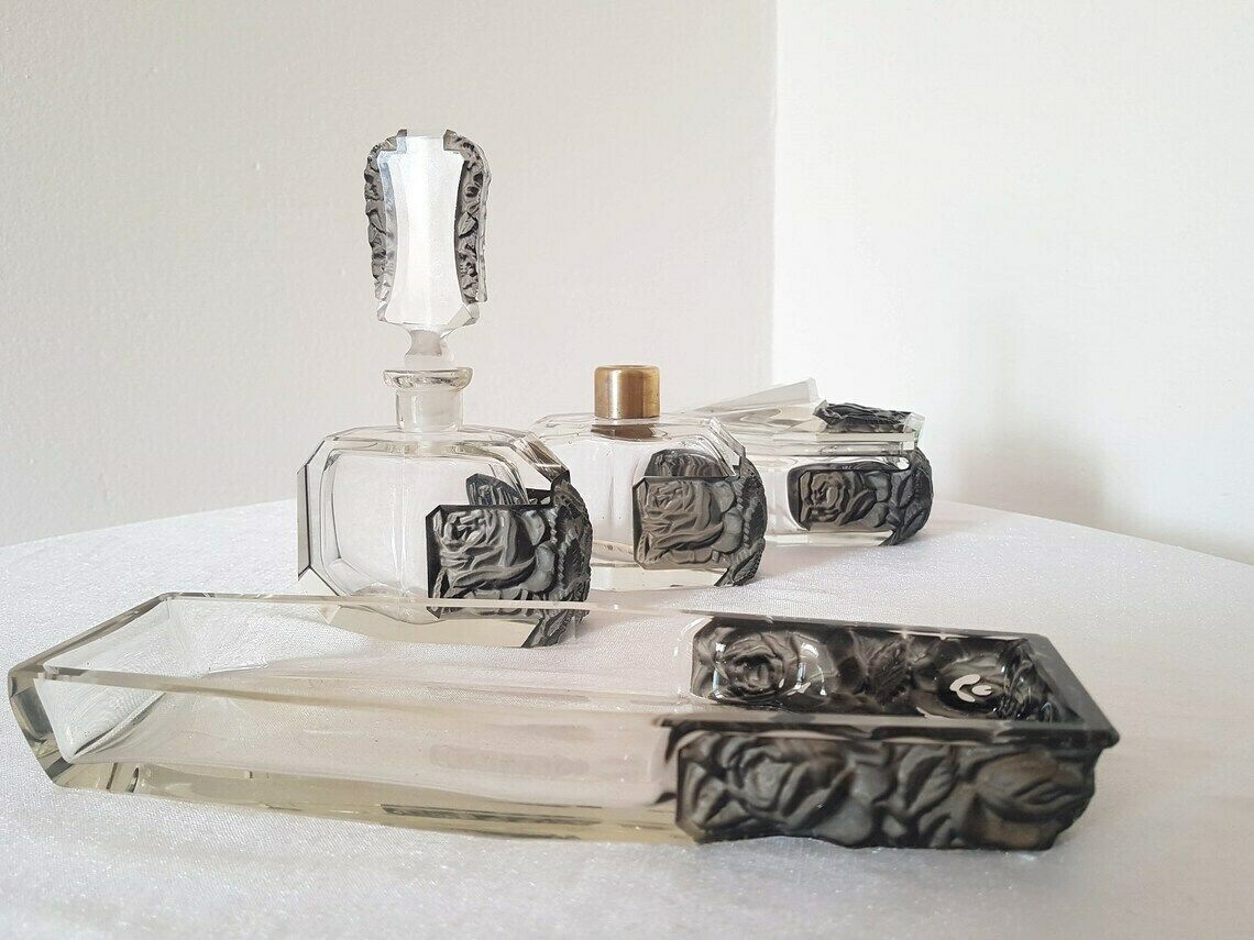 Collectible Bohemian Czech Art Deco Robert Richter Glass Vanity Set 4 Pieces Jablonec Nad Nissou (Gablonz) Ca. 1930 photo 364.0