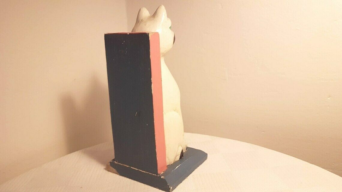 Vintage Bookends Stand Hand Carved Wood Painting Naive сat With Kitten Book Stand photo buy
