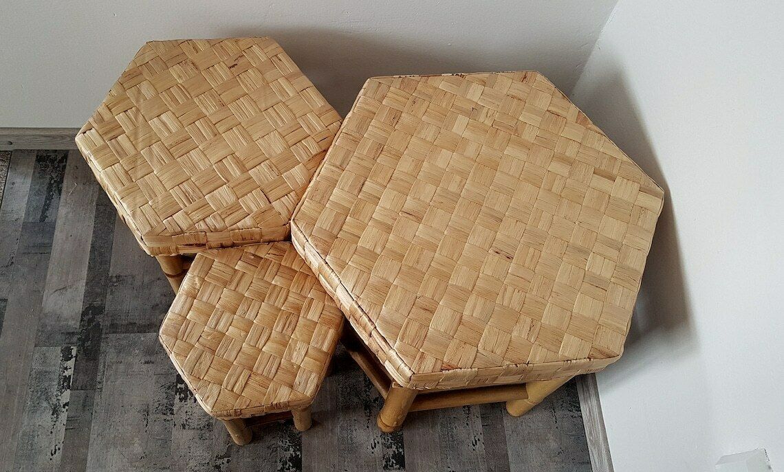 Vintage Mid Century Hexagonal Bamboo Rattan Nesting Table Set Of 3