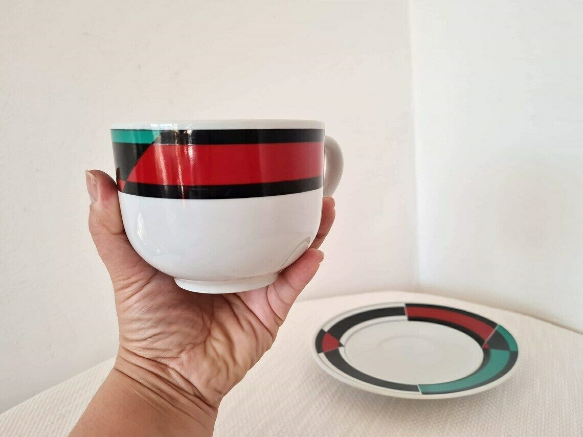photo furniture Vintage Memphis Milano Style Porcelain Set Of Big Cup And Saucer 80s