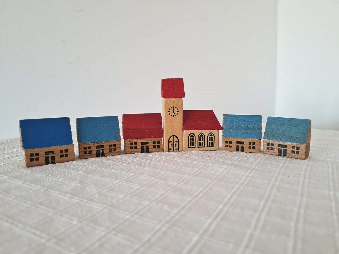 Vintage Erzgebirge Houten Putz Huisjes, Handgeschilderd, Set Van 6 Stuks