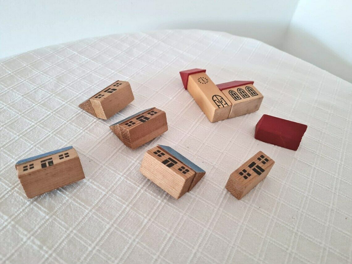 Vintage Erzgebirge Wooden Putz Houses Hand Painted Set Of 6 Pieces photo buy
