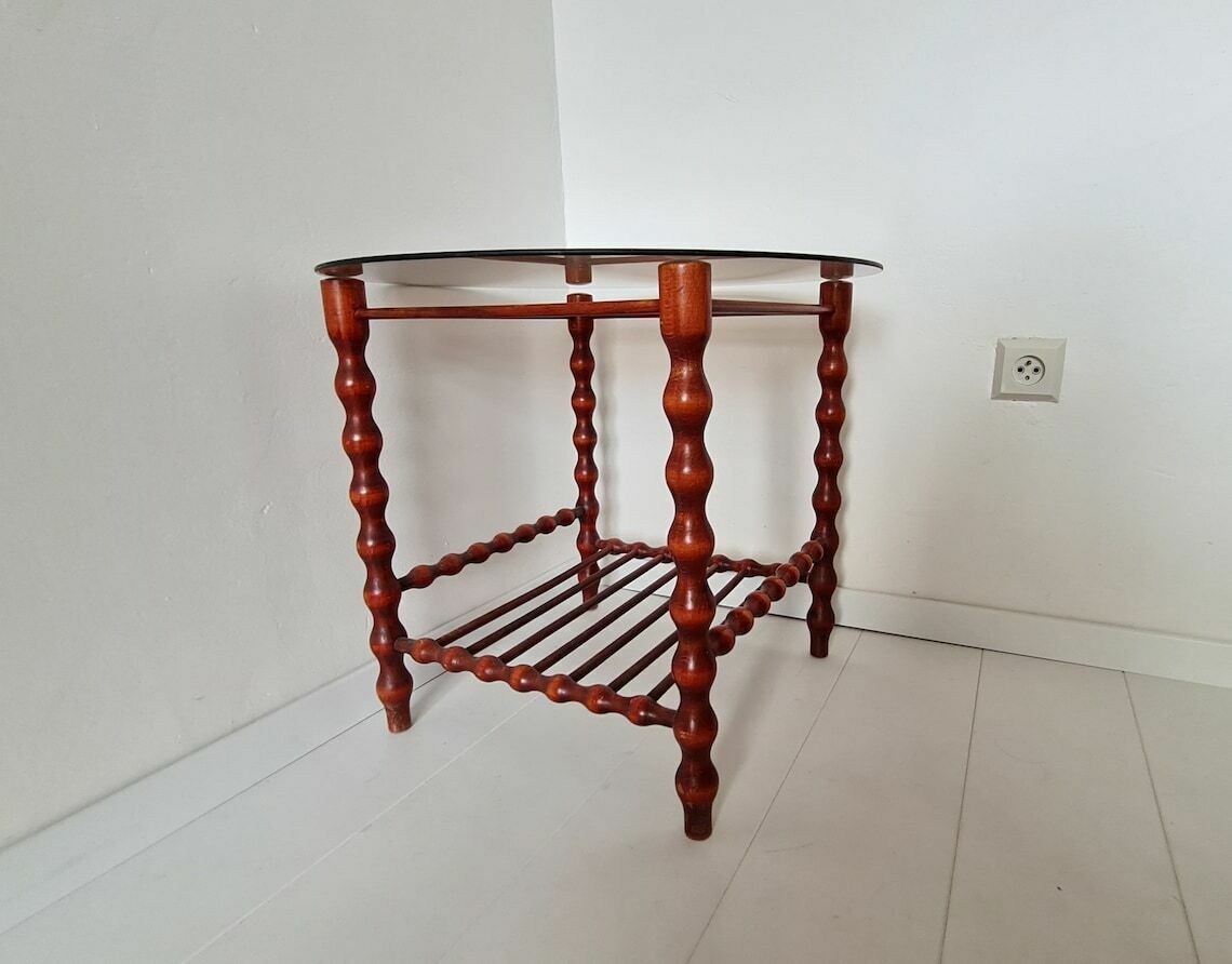 Vintage Mid Century Modern Wooden Table With Smoky Glass photo for sale