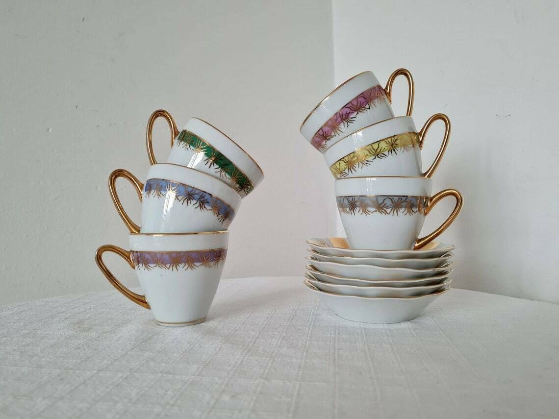 Vintage Coffee Czech Porcelain Set 6 Cups And 6 Saucers Made In Czechoslovakia 70s