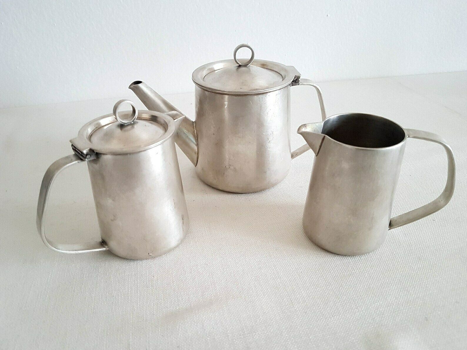 Vintage Coffee Set By Jan čalovka For Sandrik A.E. 3 Pieces: Coffee Pot, Milk Jug, Water Jug. German Silver Alpaka photo for sale