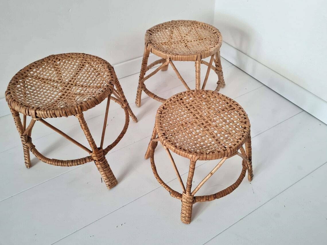 Vintage Mid Century Set Of 3 Rattan Plant Stands photo buy