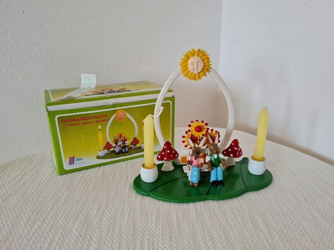 Vintage Pair Of Easter Bunnies German Wooden Candlestick Erzgebirge Folk Art Hand Painted Made In East Germany photo furniture