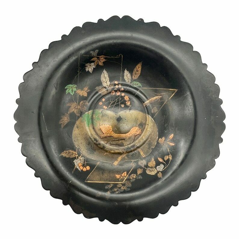 Antique Papier Mache Comport Dish Scalloped Chinoiserie Plate  Japanned Gilt Lacquerware  Dining Room Decor