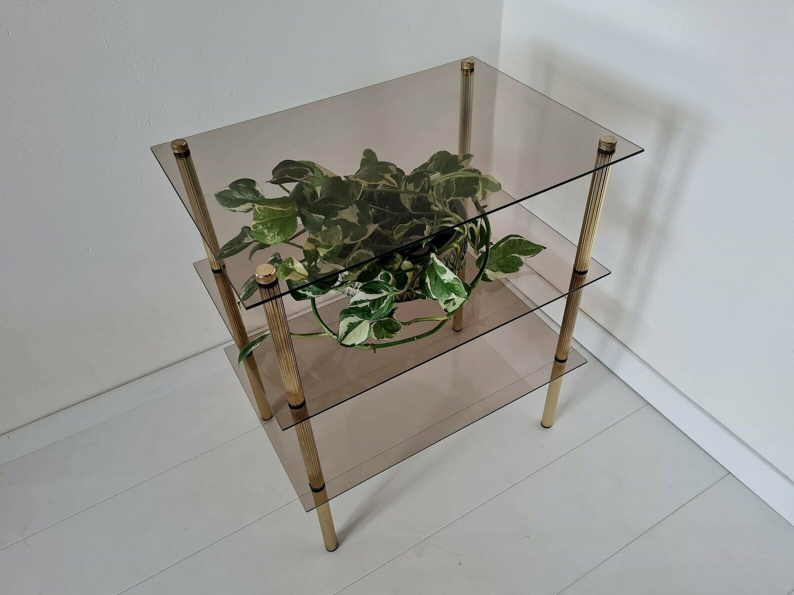 Vintage Hollywood Regency Style Shelf Brass And Smoked Glass Mcm photo furniture