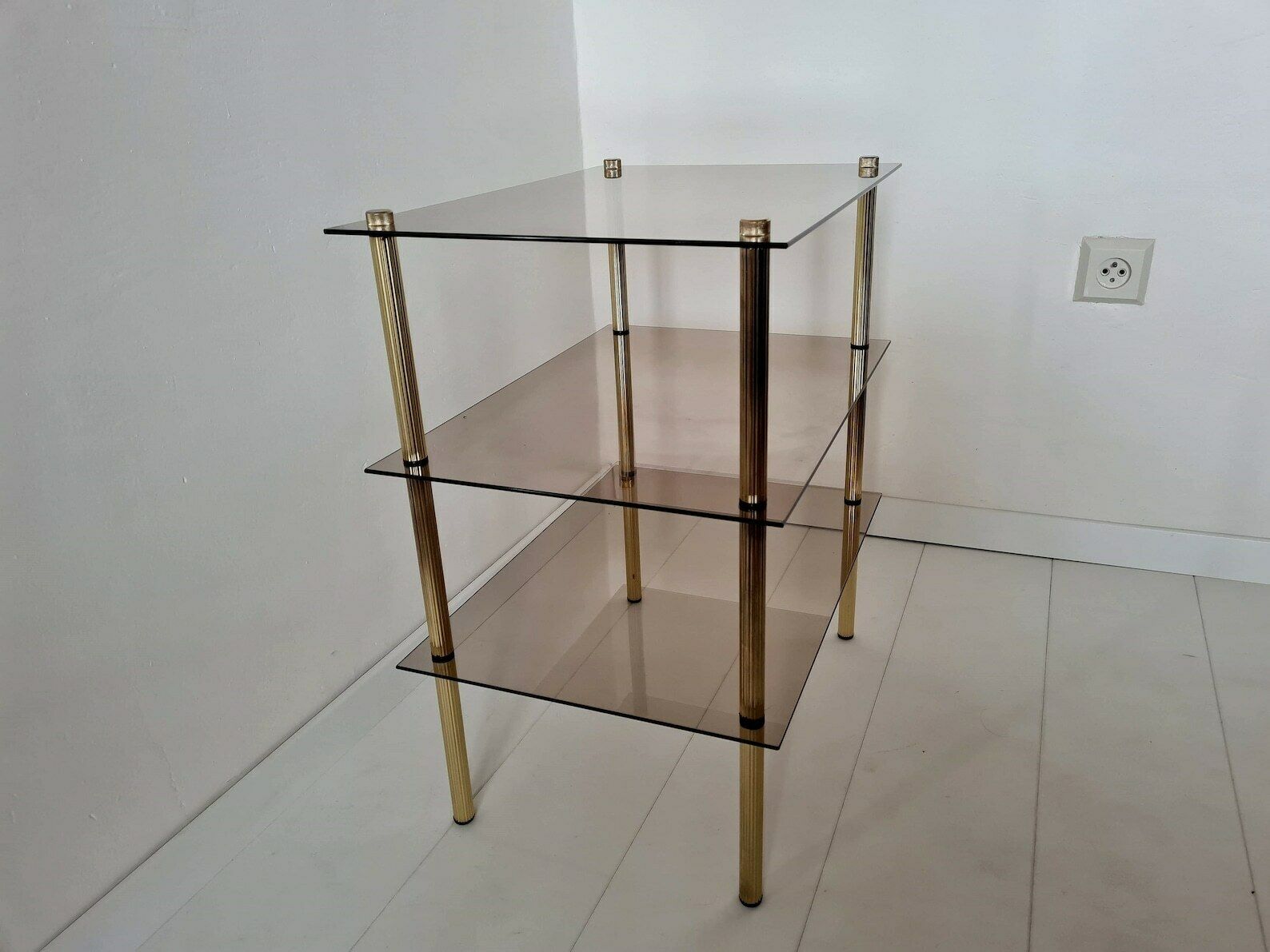 Vintage Hollywood Regency Style Shelf Brass And Smoked Glass Mcm photo 210.0
