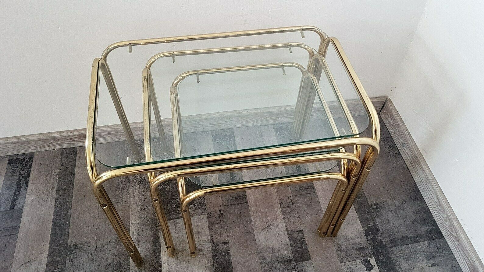 Vintage Mid Century Modern Chrome And Glass Nesting Table Set Of 3 photo for sale