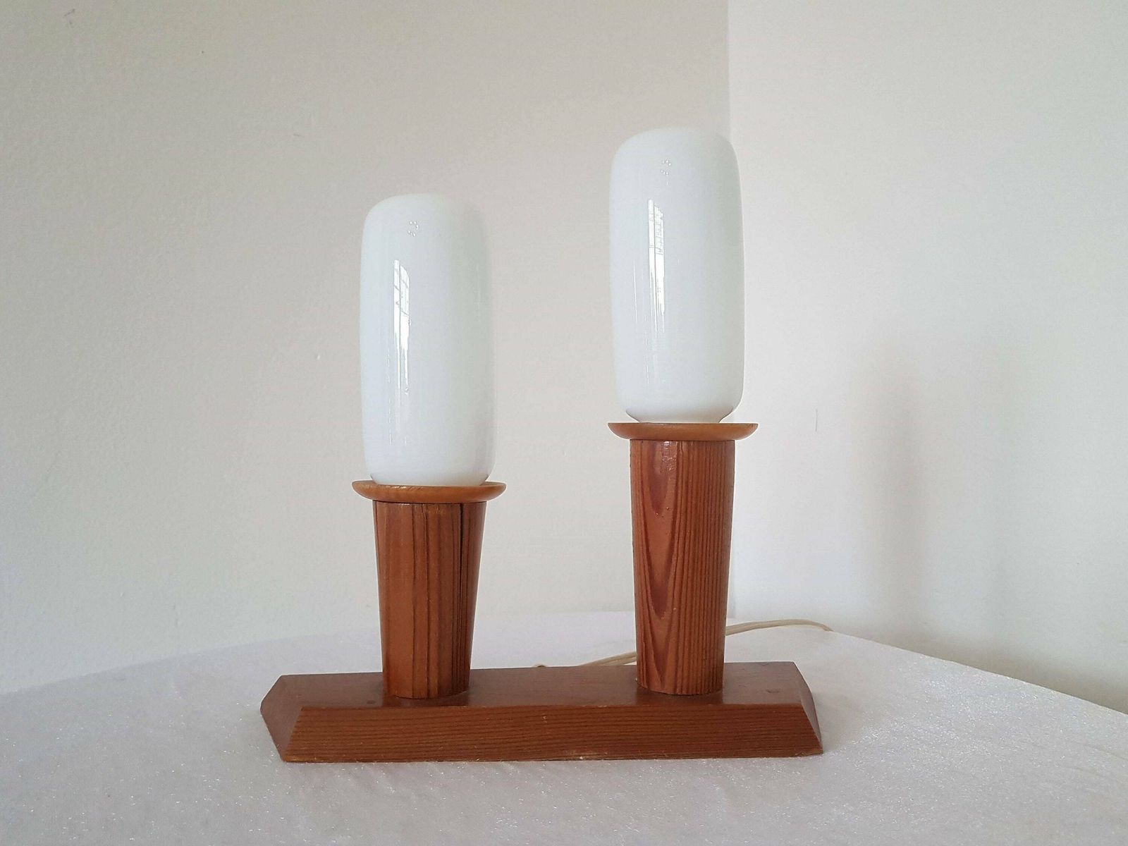 Vintage Dual Table Lamp Opal Glass And Wood Czechoslovakia 60's With Original Tesla Intima Lamps 225v 40w 27 E