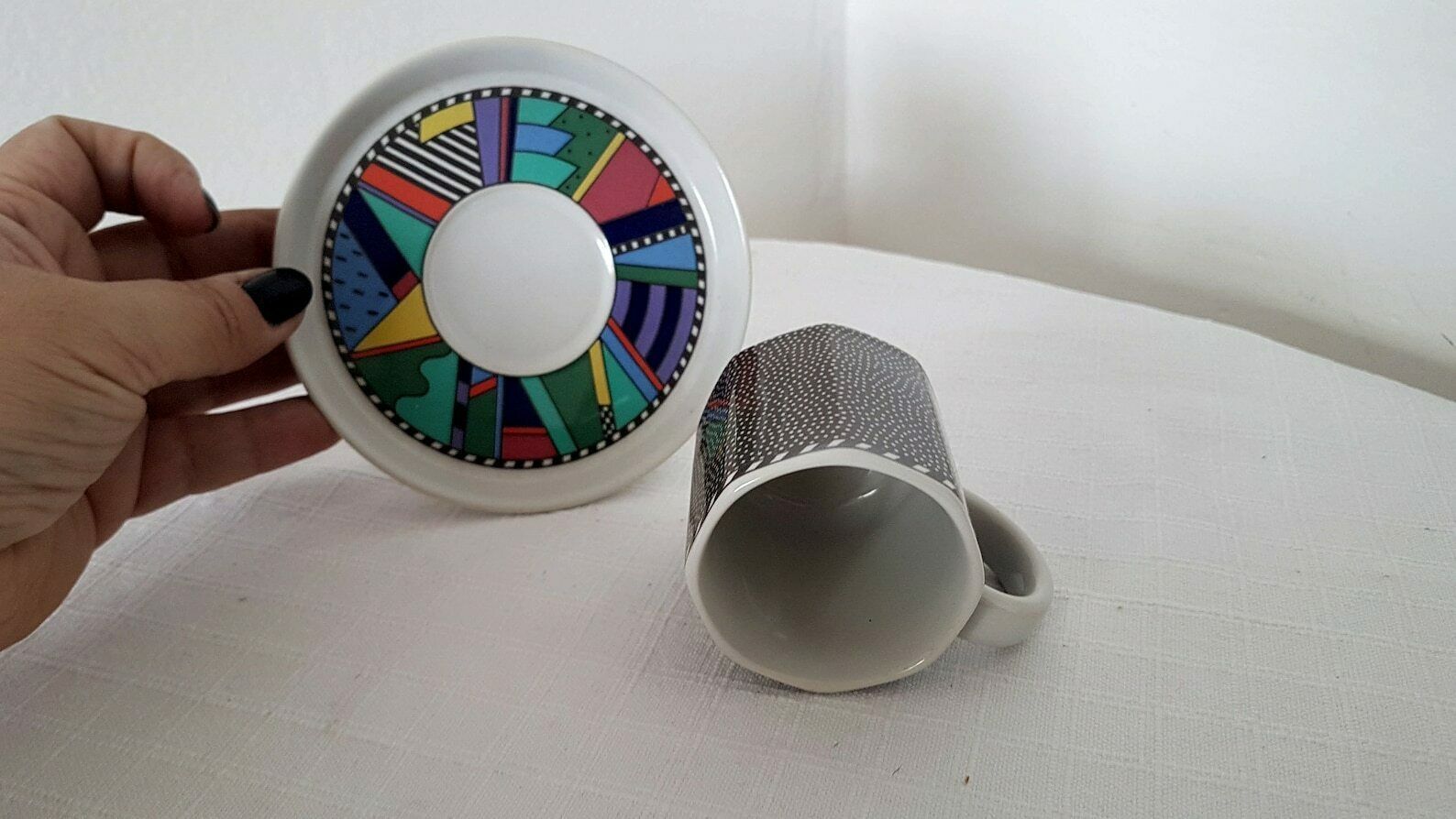 Vintage Rosenthal Memphis Milano Style Porcelain Set Of 2 Coffee Cup And Saucer 80s photo vinterior
