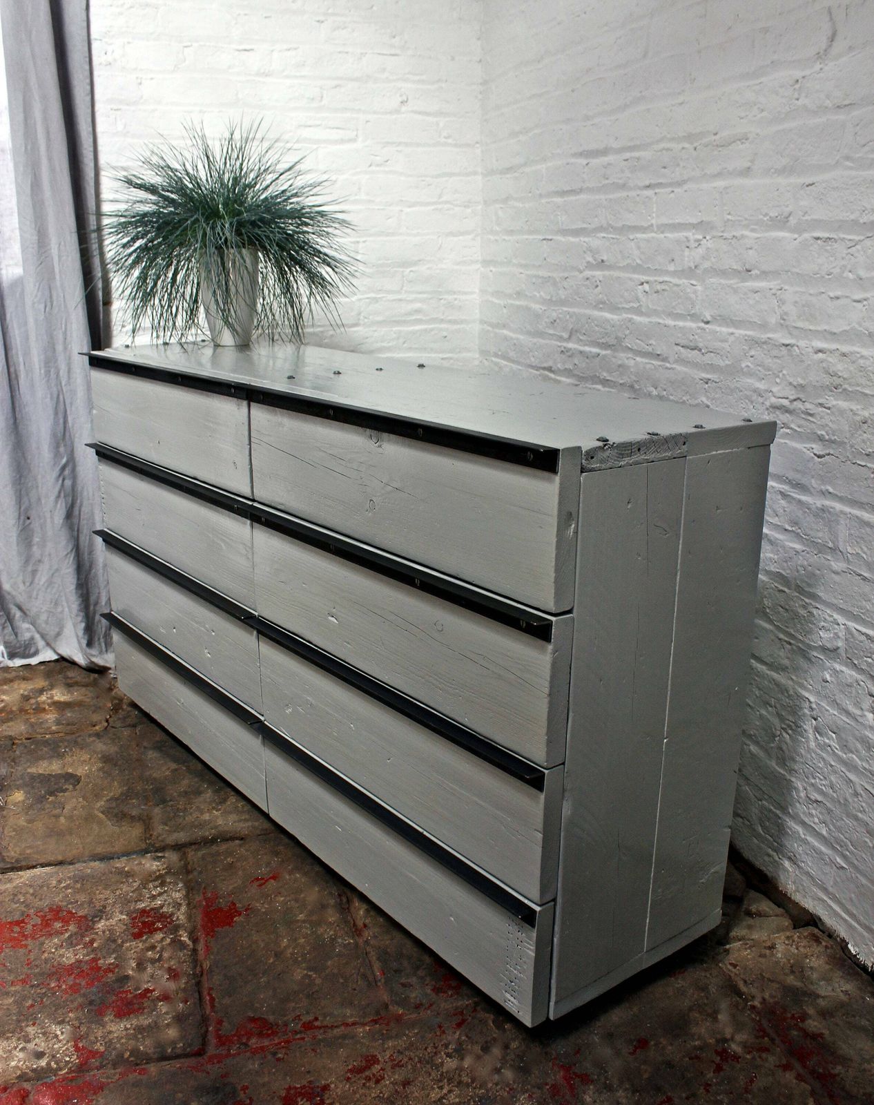 Niamh Reclaimed Scaffolding Board Chest Of Drawers With Angular Steel Handles   Bespoke Urban Furniture
