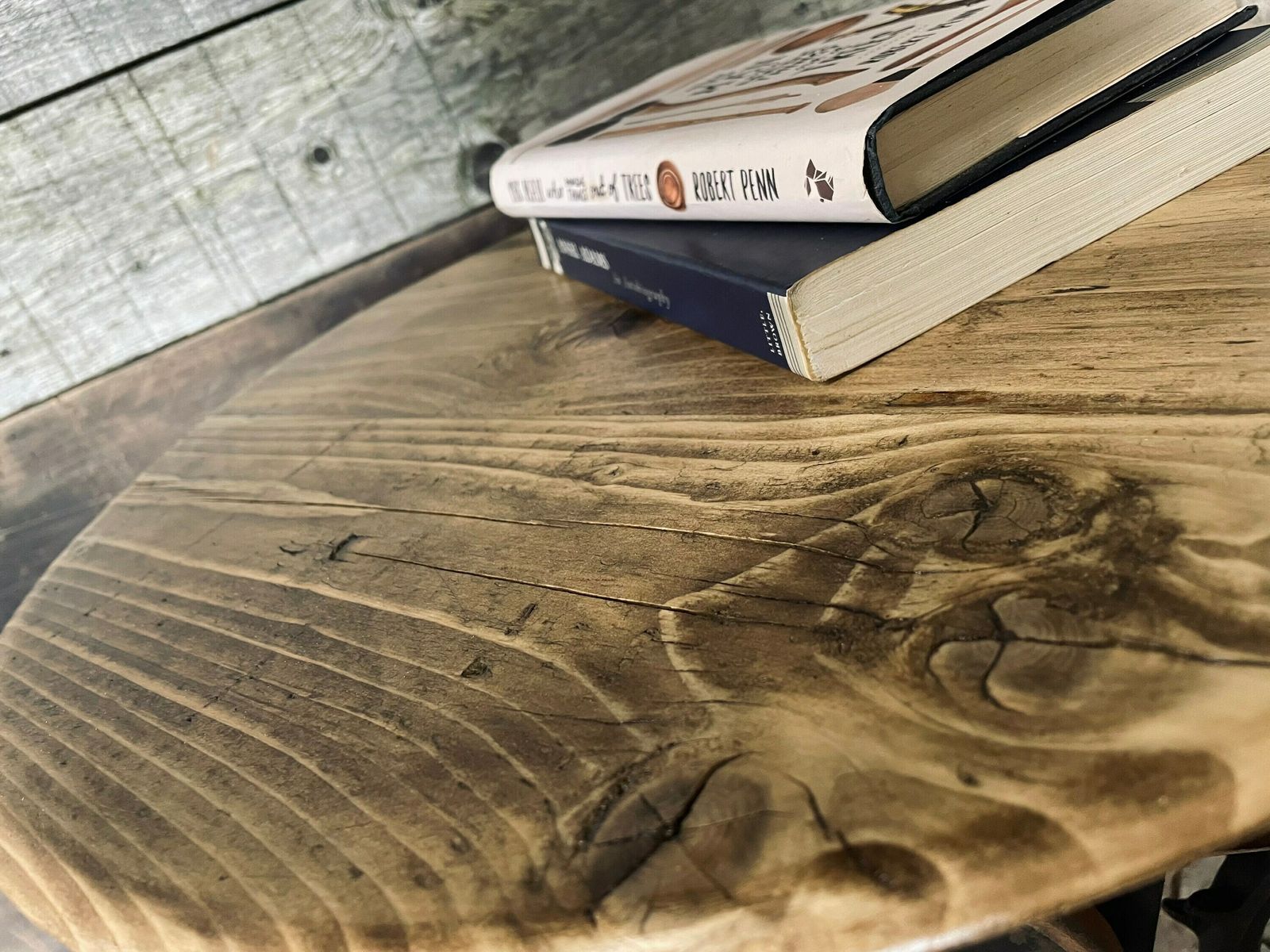 Freya Antique And Repurposed Band Saw Side Table With Reclaimed Scaffolding Board Top photo furniture