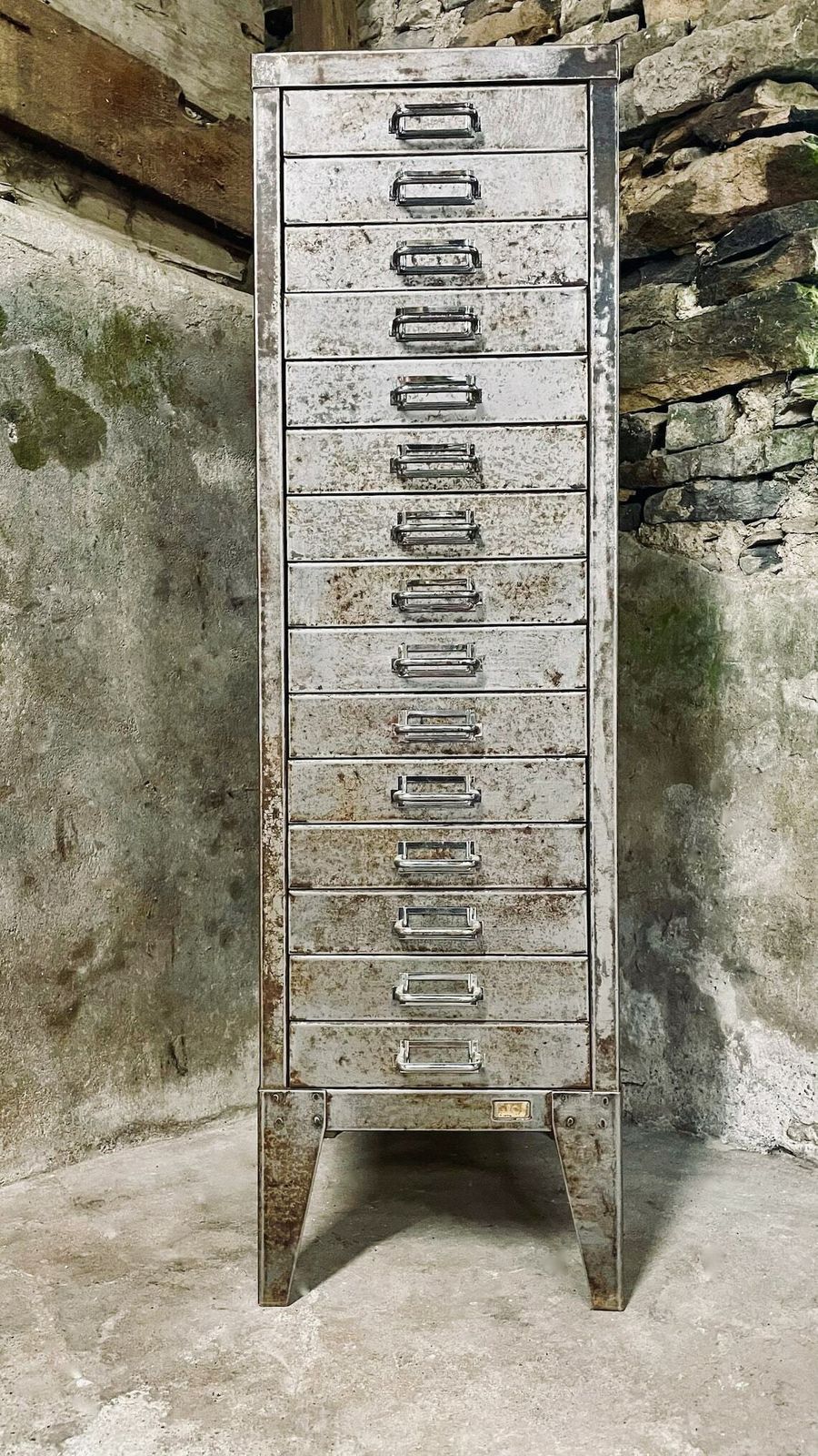 Tall And Narrow Reclaimed Vintage Urban Industrial 1950s Stripped Steel 15 Drawer Filing Cabinet With Chrome Handles photo buy