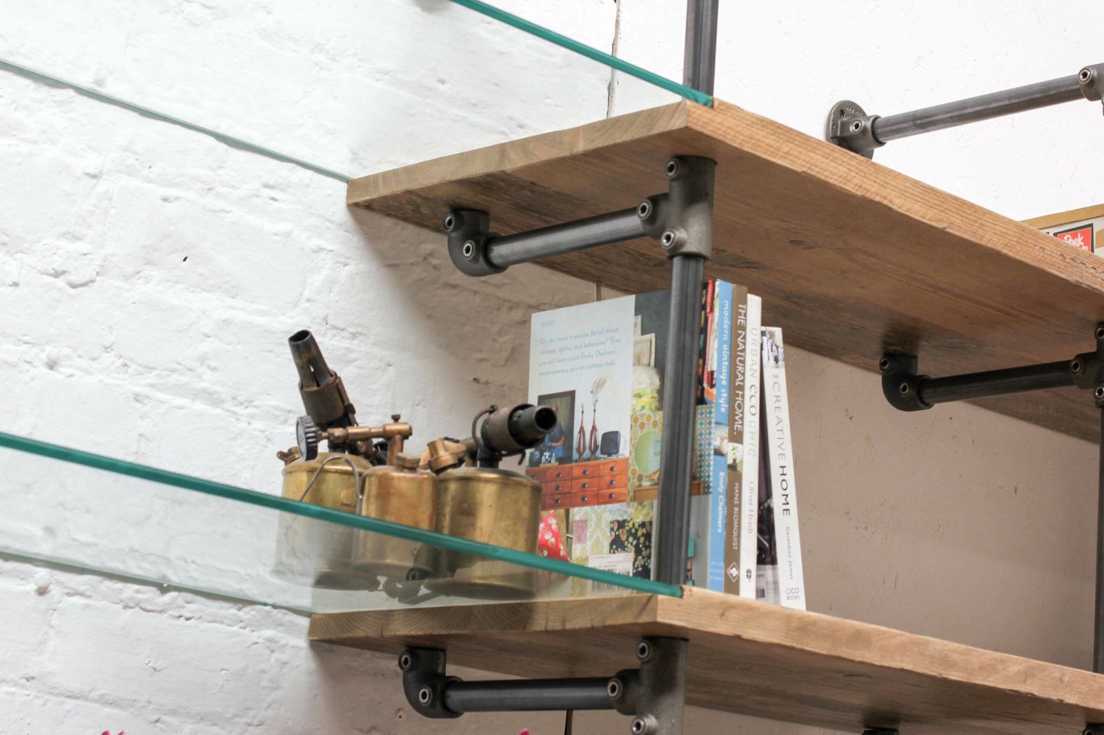 Hannah Reclaimed Scaffolding Boards, Dark Steel Pipe And Toughened Glass Industrial Desk And Shelves photo buy