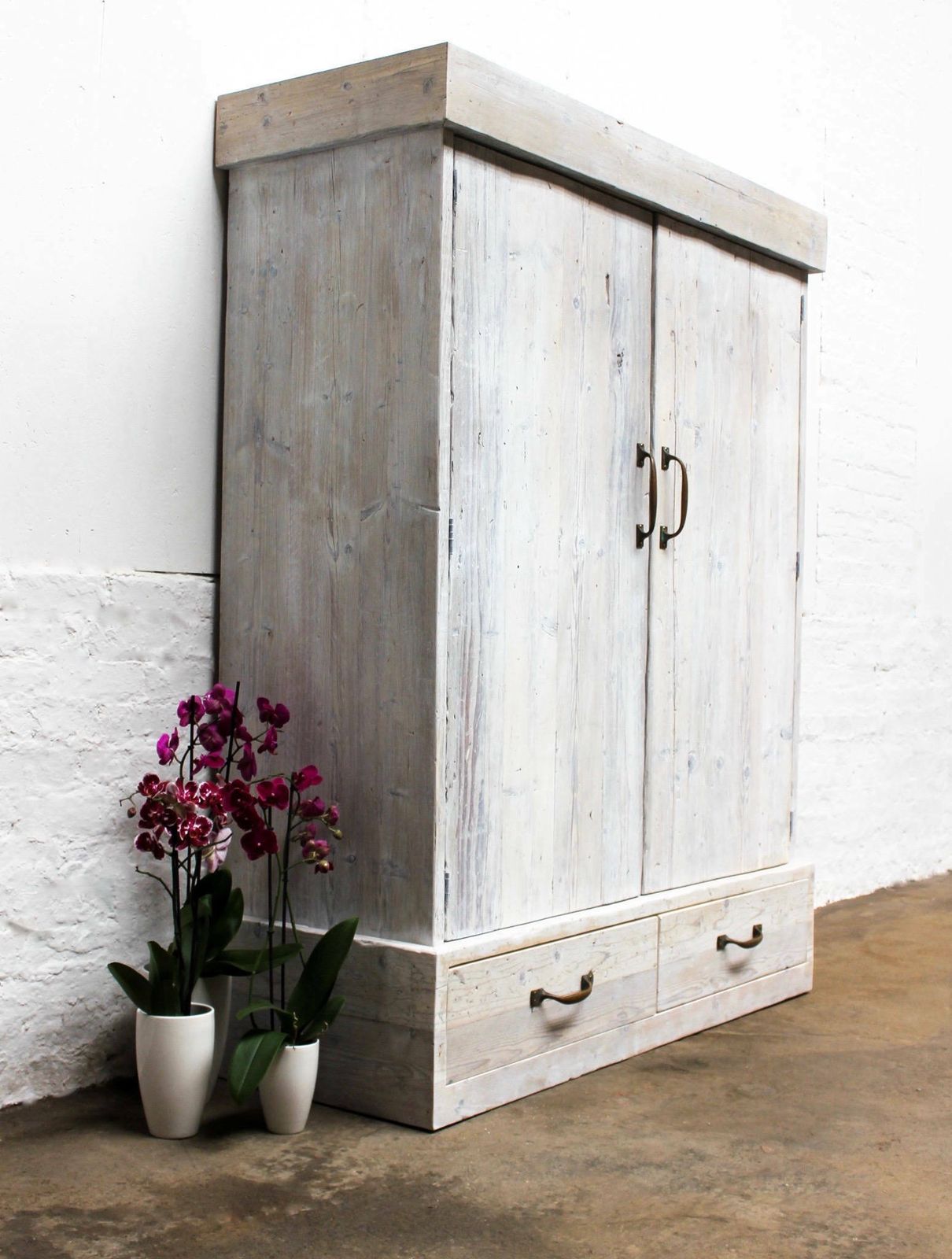 Jenna Reclaimed White Washed Scaffolding Board Wardrobe With Vintage Brass Handles photo for sale