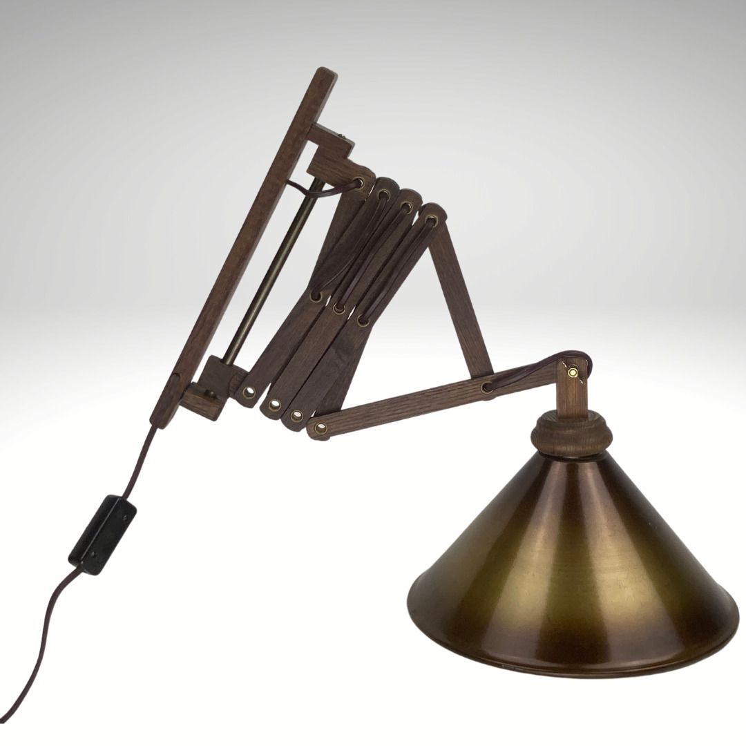 Midcentury Wood And Brass Scissor Wall Lamp, Dutch 1960s photo for sale