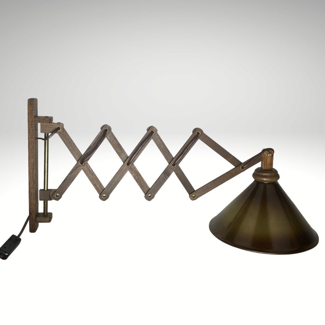 Midcentury Wood And Brass Scissor Wall Lamp, Dutch 1960s photo vinterior