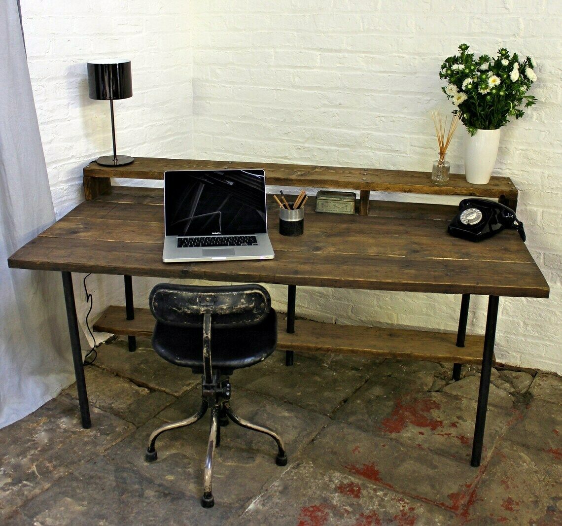 Tovey Reclaimed Dark Stained Scaffolding Board And Pipe Industrial Style Desk With Top And Lower Under Shelves   By photo 1380.0