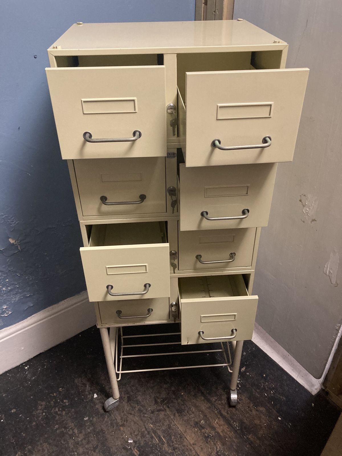 Large French Steel Medical Cabinet On Wheels , Lockable photo furniture