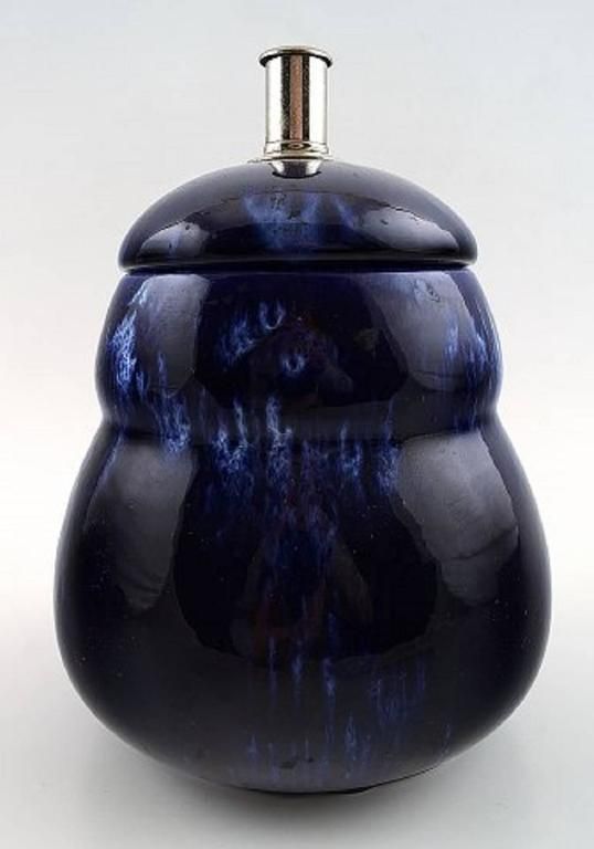 Pair Of Rörstrand Lidded Vases In Dark Blue Faience. 1930s 1940s photo furniture