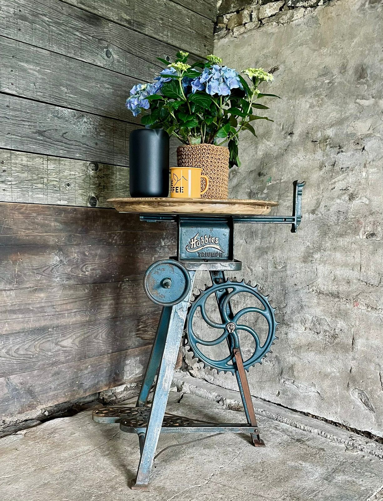 Ellis Antique And Repurposed Band Saw Side Table With Reclaimed Scaffolding Board Top