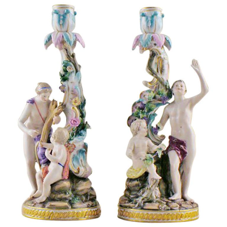 Meissen Rare Pair Of Antique Candlesticks In High Quality