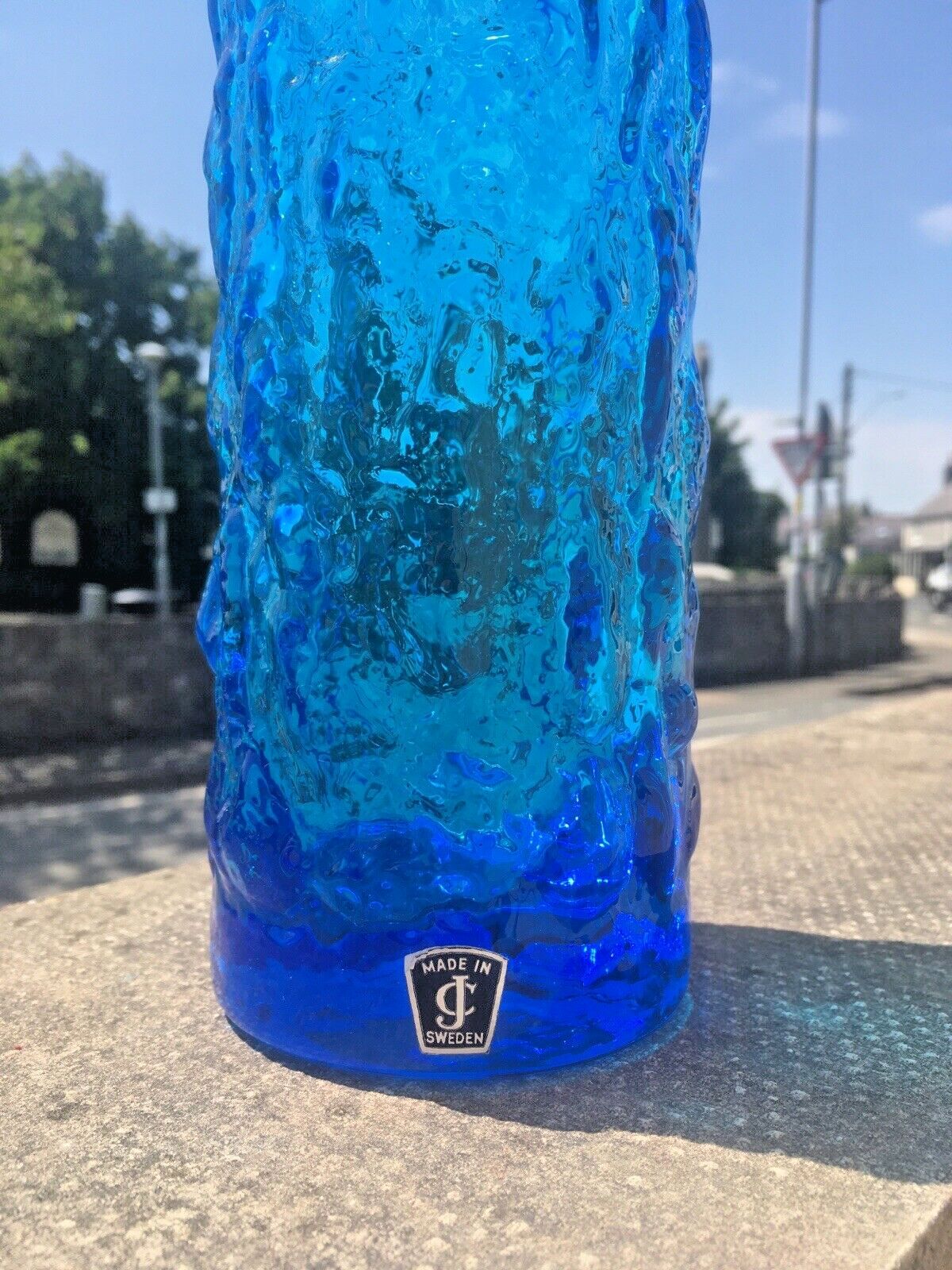 Large Mid Century 12" Swedish Lindshammar Glass Blue Bark Vase Jc Jones & Co photo vintage