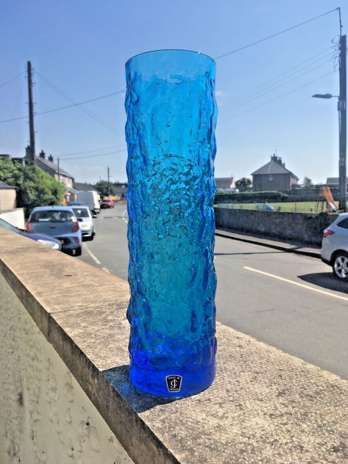 photo for sale Large Mid Century 12" Swedish Lindshammar Glass Blue Bark Vase Jc Jones & Co