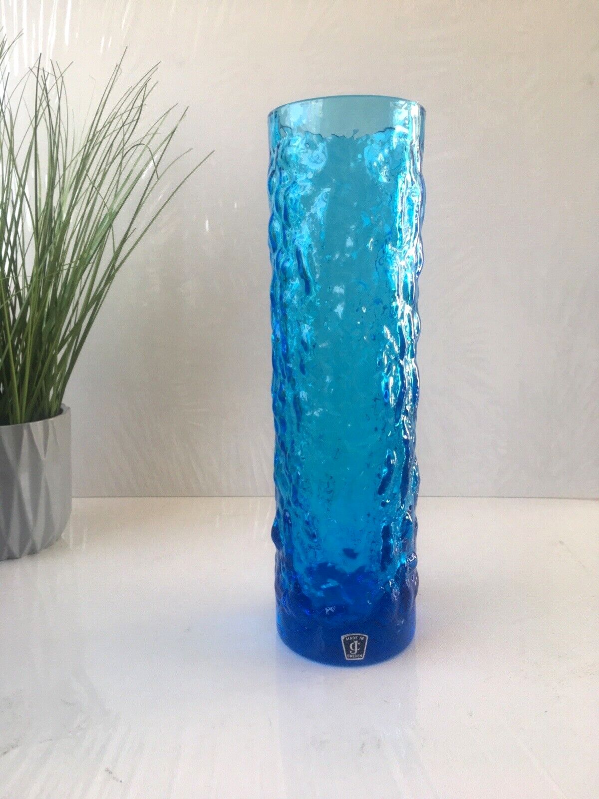 photo buy Large Mid Century 12" Swedish Lindshammar Glass Blue Bark Vase Jc Jones & Co
