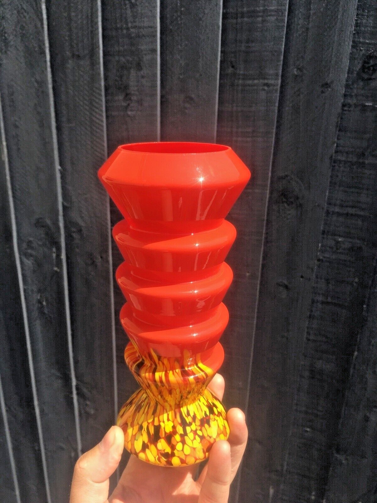 Art Deco Red Tango Kralik Ernst Steinwald Stepped Layered Spatter Glass Vase photo for sale