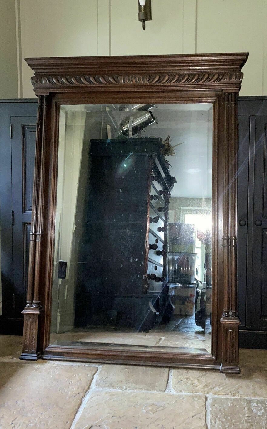 Large Antique French Oak Henri Style 3/4 Length Hall Wall Mirror photo for sale