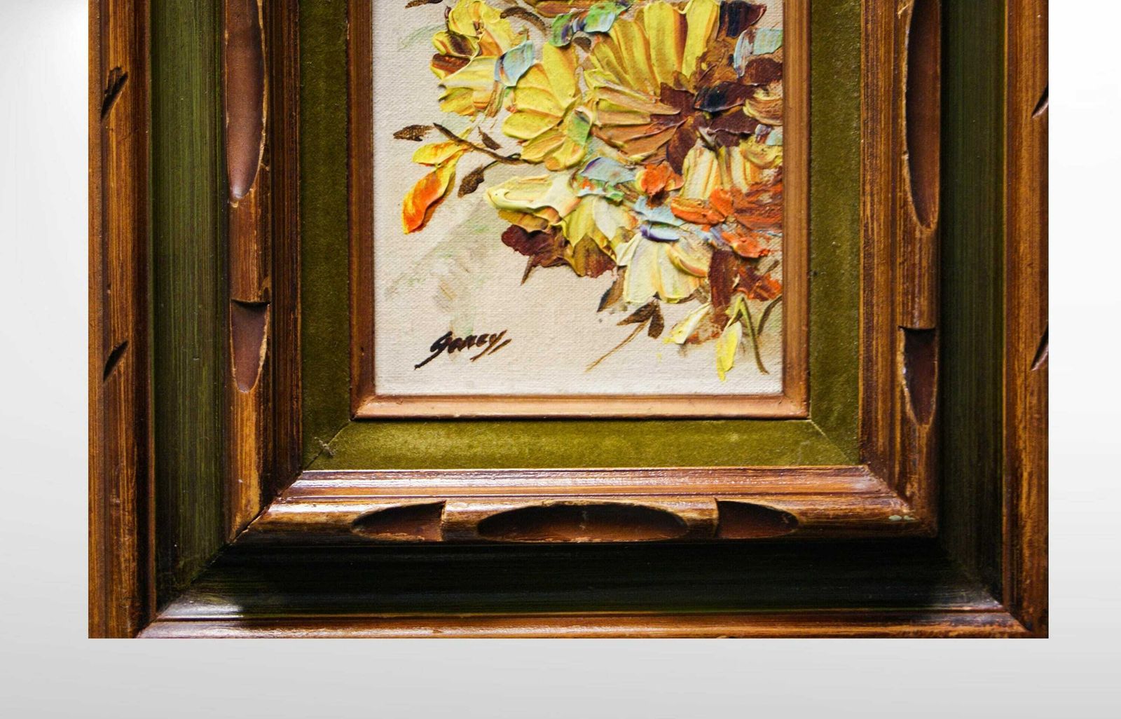 Small Oil On Canvas Flower Bouquet, Mid Century Oil On Canvas Pallet Knife Floral Painting Signed 'Garey' photo buy