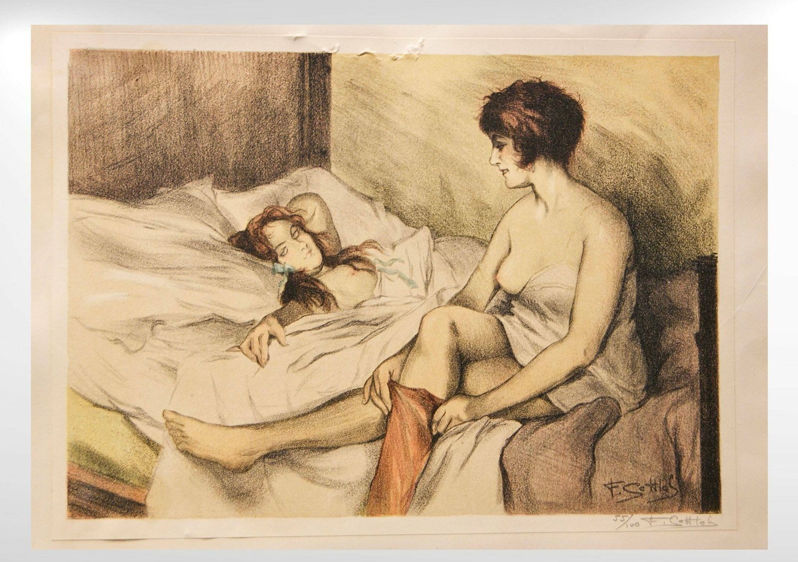 1930s Lesbian Couple Semi Nude Painting, Colour Lithograph On Paper 55/100 Artist Signed photo for sale
