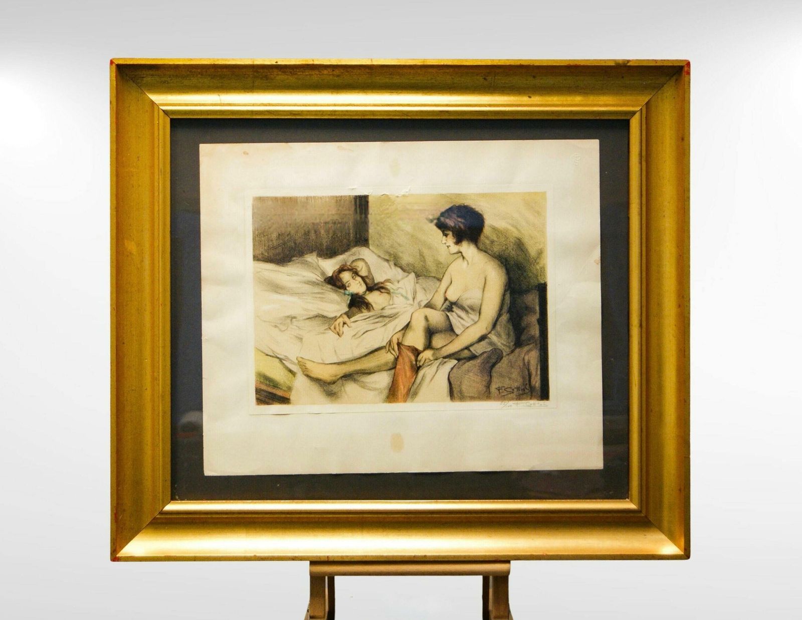 1930s Lesbian Couple Semi Nude Painting, Colour Lithograph On Paper 55/100 Artist Signed photo Art