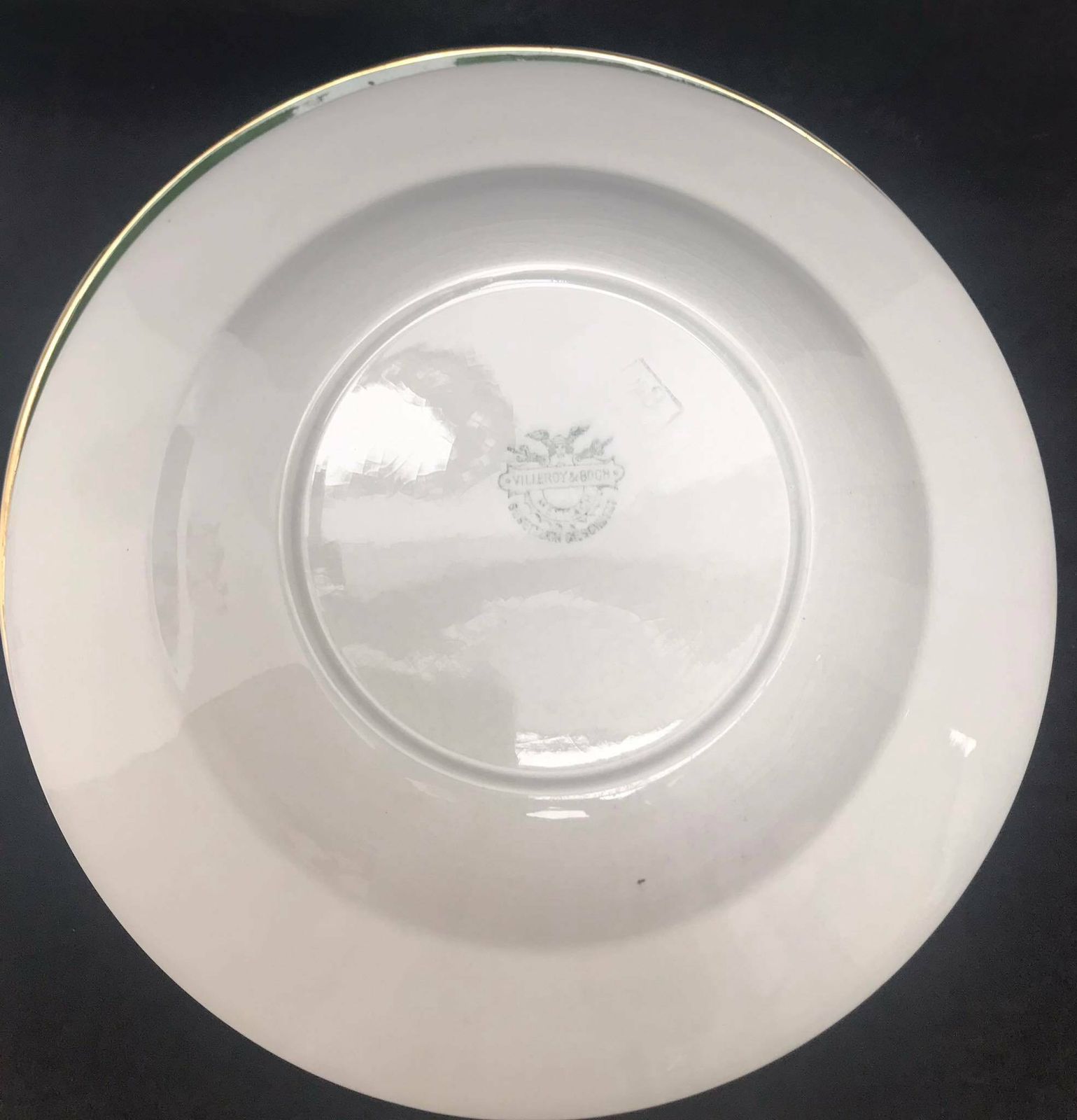 Antiek Set Van 6 Soepborden Van Villeroy And Boch Mettlach, Groene Rand Met Goud, 19e Eeuw, Grote Borden 25,1 Cm Diameter, Duits Porselein photo vinterior