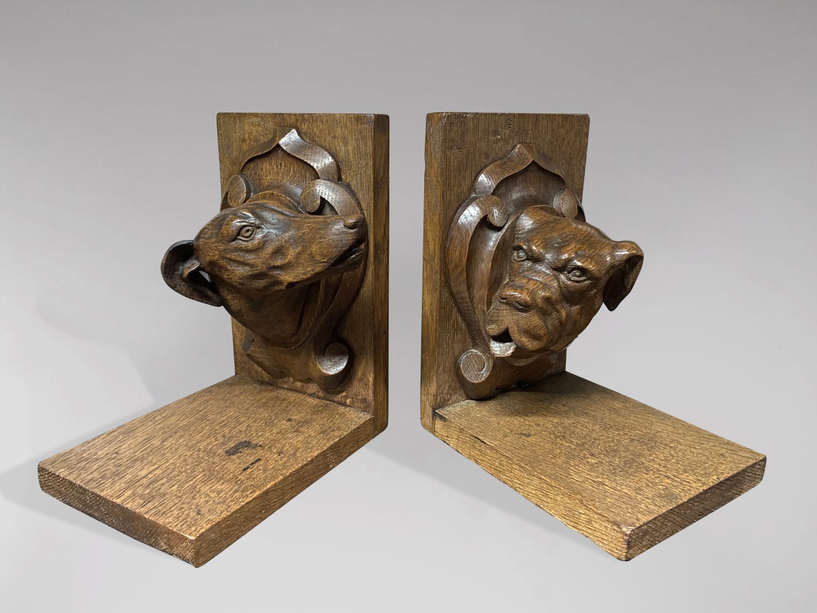 Pair Of Oak Animalier Dog Sculptures Bookends