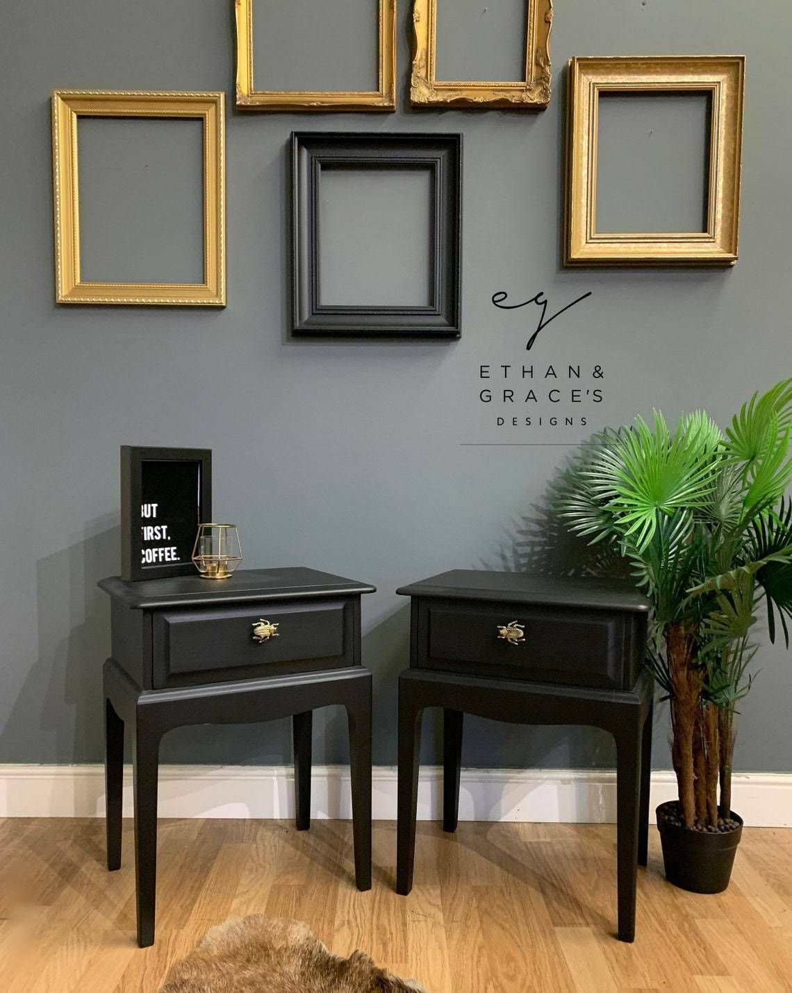 Pro Painted Black Stag Bedside Tables With Gold Stag Beetle Handles