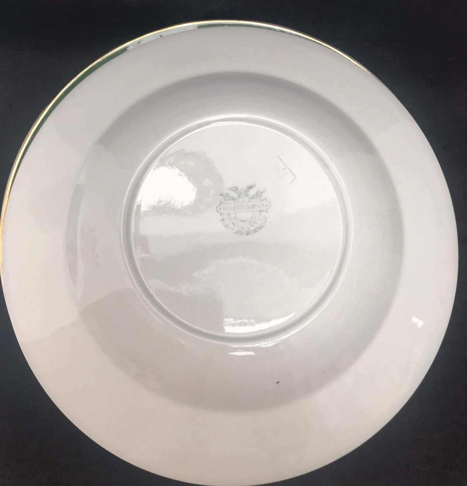 photo for sale Antique Set 3 Soup Plates Made By Villeroy And Boch Mettlach Green Golden Rim XIX Century Large Plates 25,1 Cm Diameter German Porcelain