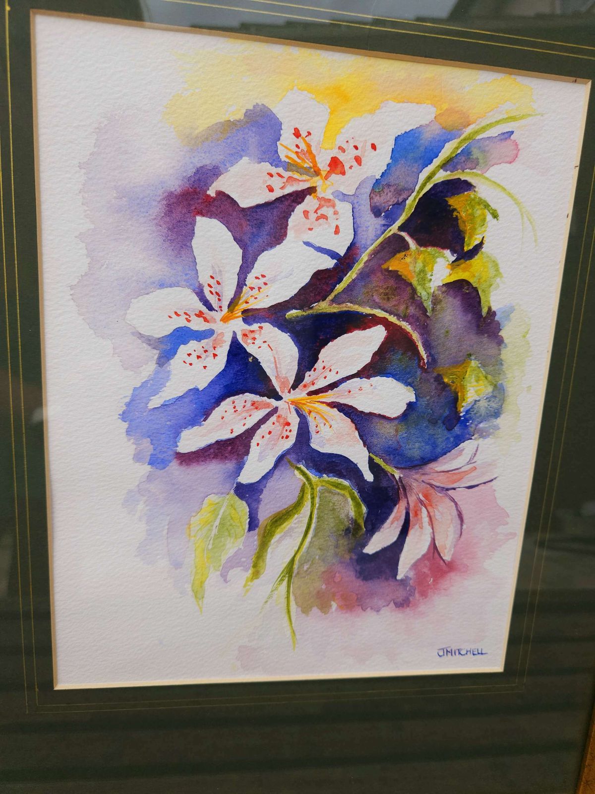 Colourful Watercolour Of White Lilies In A Gold, Wood Frame photo for sale