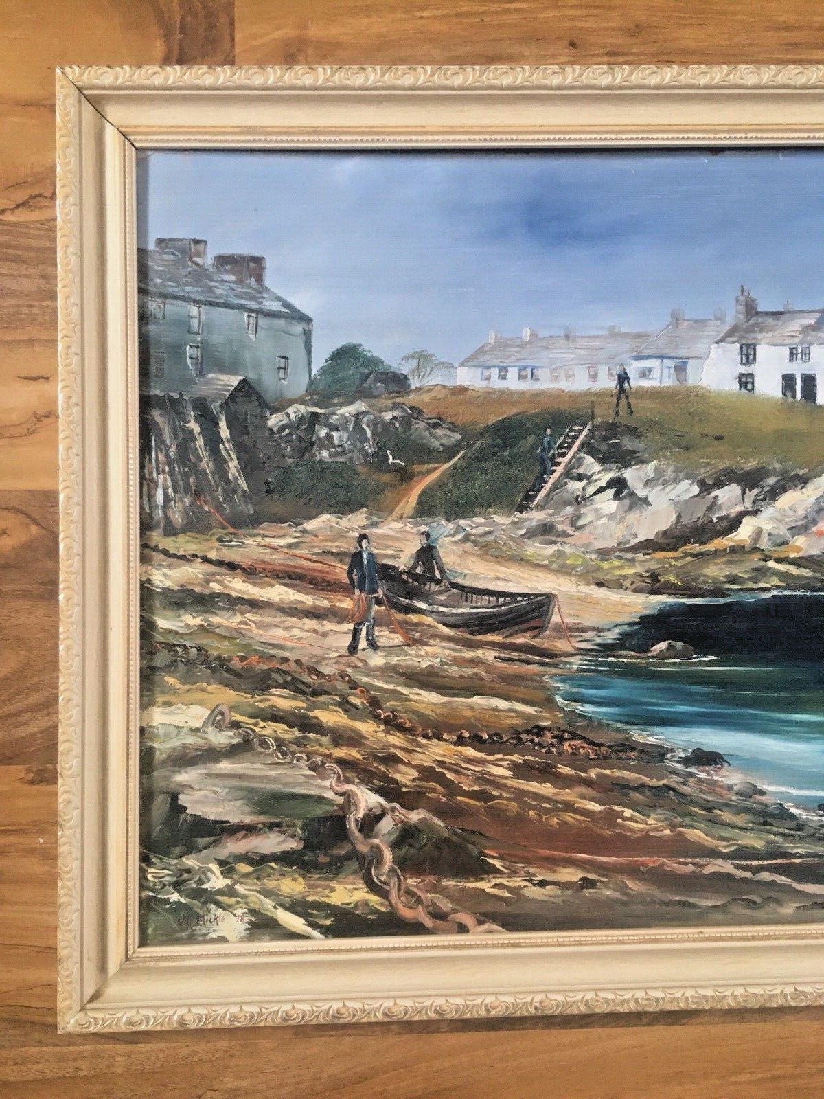 Original Jill Mickle Framed Oil Painting Newry Beach Holyhead Anglesey Port Boat photo for sale