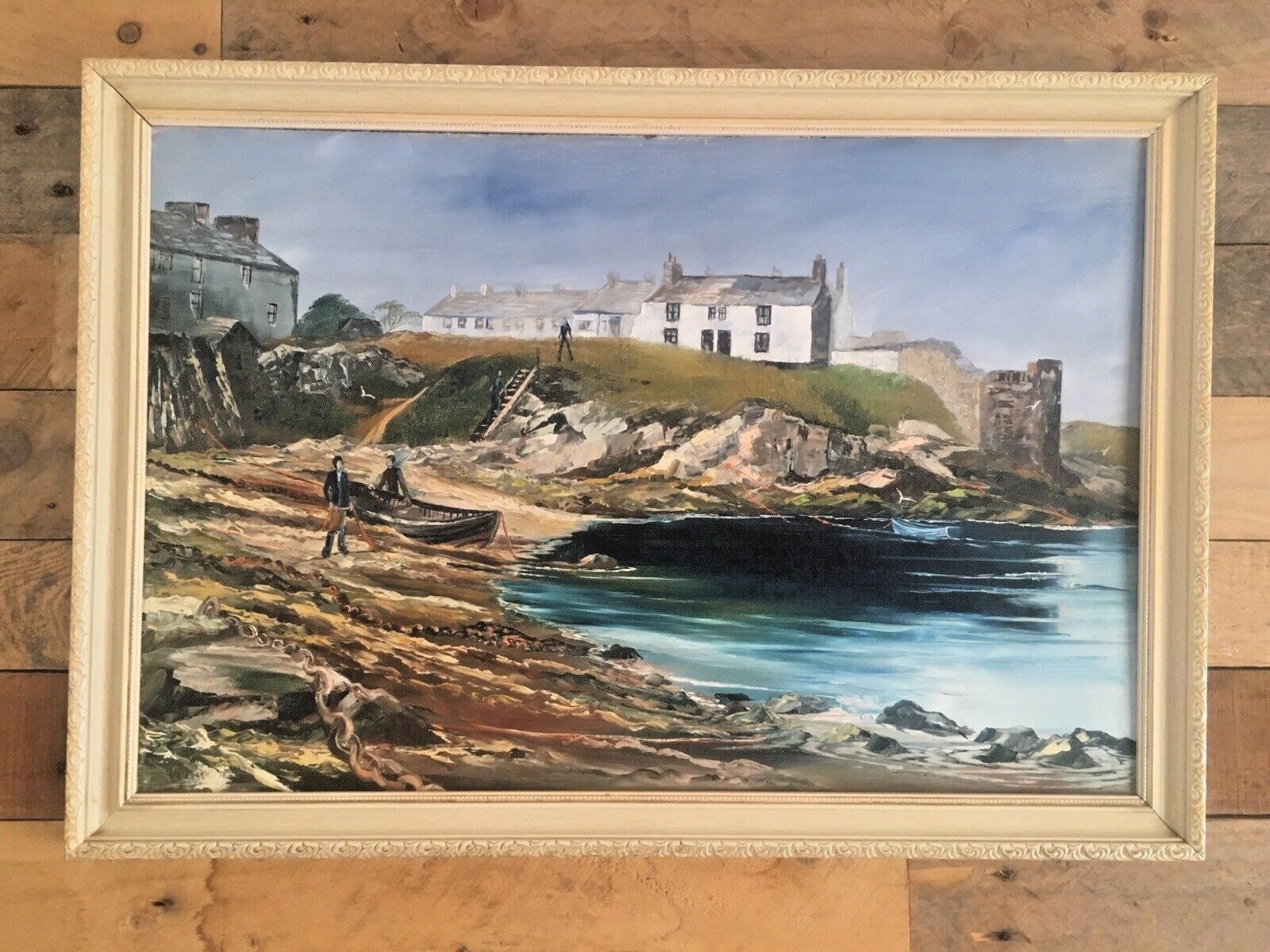 photo for sale Original Jill Mickle Framed Oil Painting Newry Beach Holyhead Anglesey Port Boat
