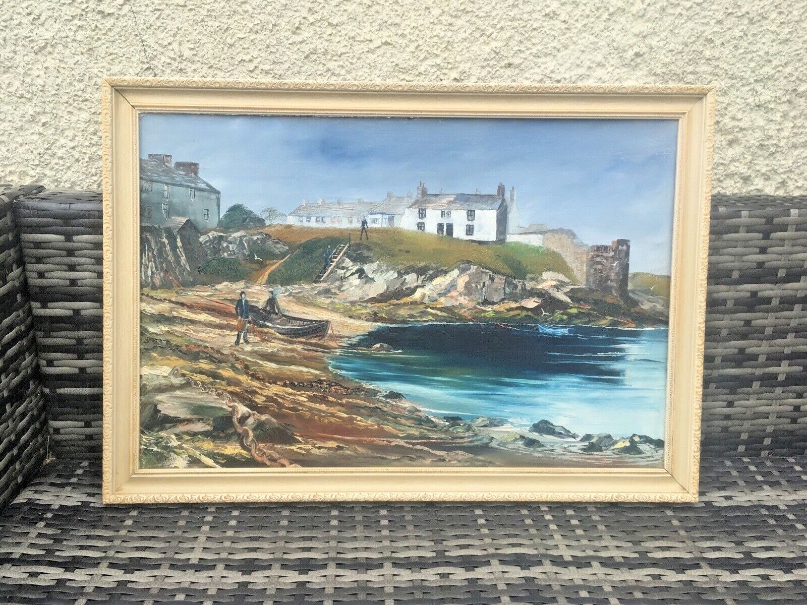 photo vintage Original Jill Mickle Framed Oil Painting Newry Beach Holyhead Anglesey Port Boat
