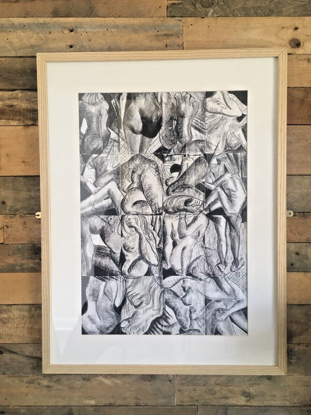 Large Black & White Human Body Nude Framed Collage Acrylic Painting Cubism