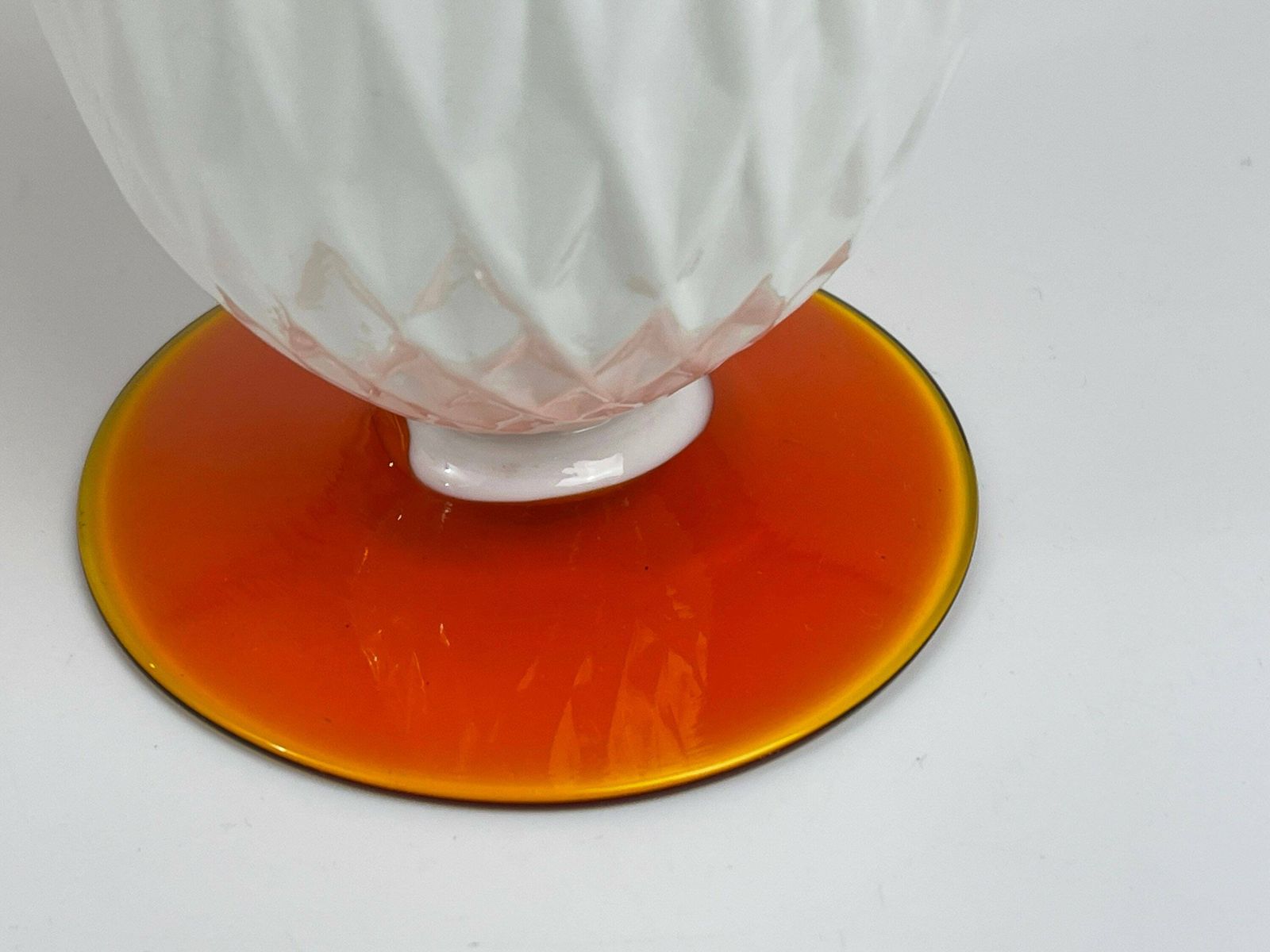 Opaline "Milky" Glass Vase In Japanese Style With Diamond Pattern. Footed On Orange Glass Base. photo for sale