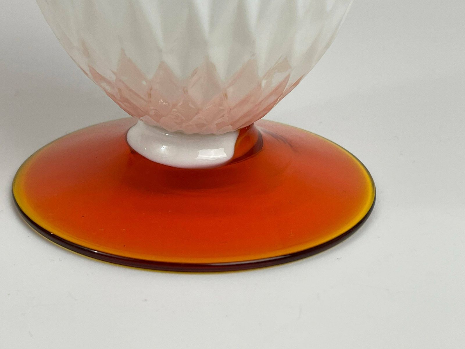 Opaline "Milky" Glass Vase In Japanese Style With Diamond Pattern. Footed On Orange Glass Base. photo Home Decor